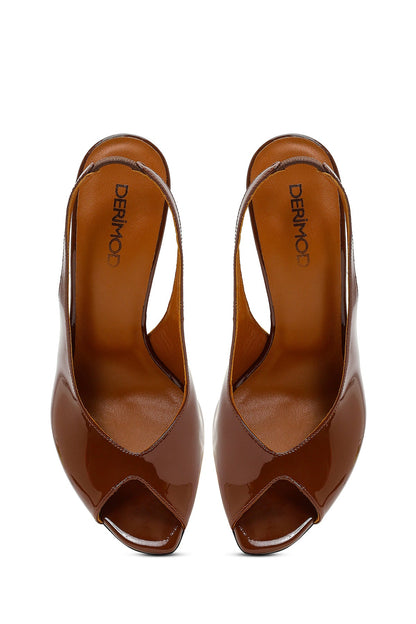 Kadın Kahverengi Yüksek Ince Topuklu Rugan Deri Ayakkabı