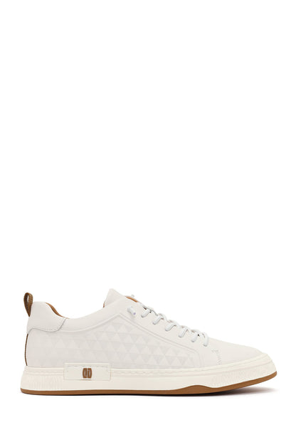 Erkek Beyaz Bağcıklı Baskılı Deri Sneaker