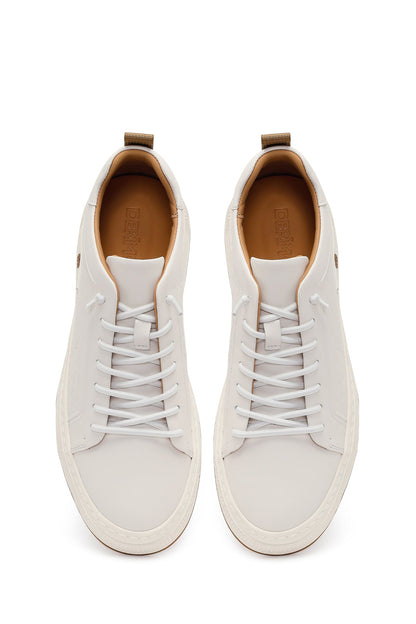 Erkek Beyaz Bağcıklı Baskılı Deri Sneaker