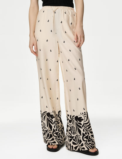 Yüksek Bel Desenli Wide Leg Pantolon