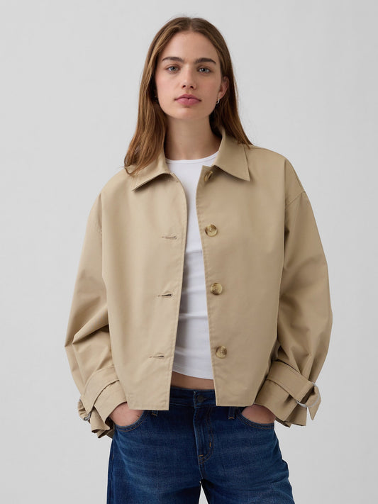 Bej Oversized Crop Trençkot Ceket