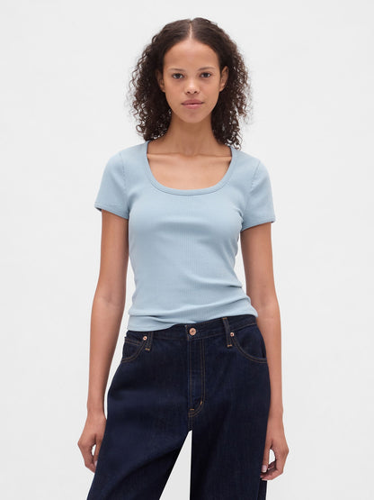Açık Mavi Modern Fitilli Scoop Crop T-shirt