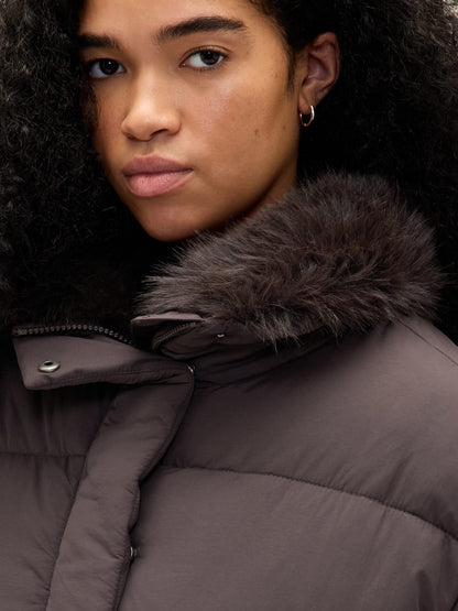 Koyu Kahverengi Faux Fur-trim Puffer Şişme Mont