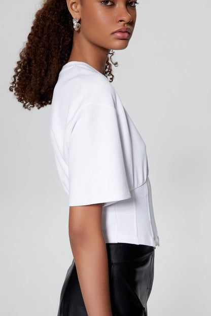 Fermuar Detaylı Beyaz Crop T-shirt