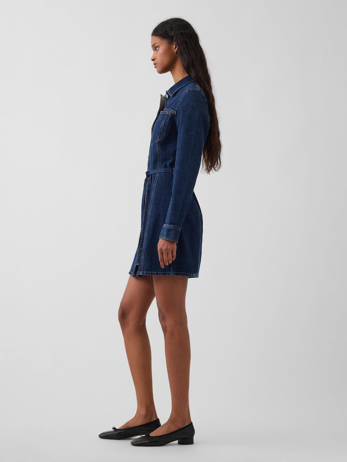 Koyu Mavi Denim Kemerli Mini Elbise