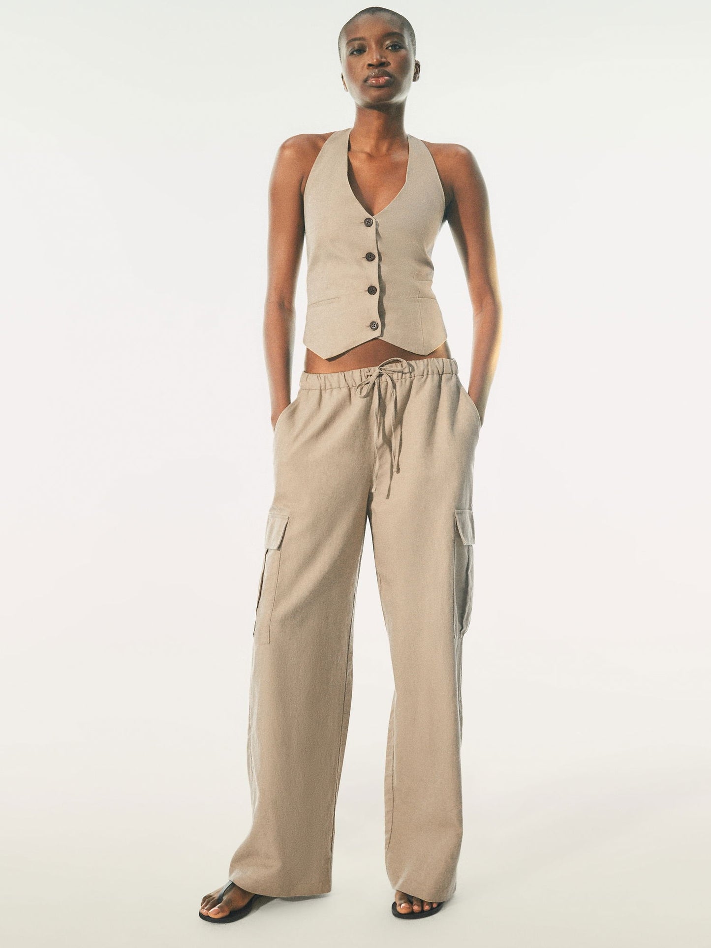 Bej Keten Karışımlı Pull-on Kargo Pantolon