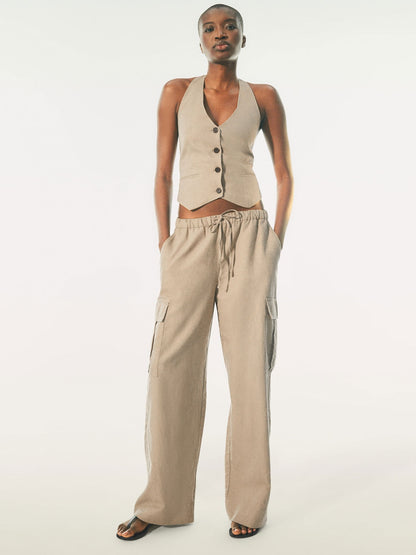 Bej Keten Karışımlı Pull-on Kargo Pantolon