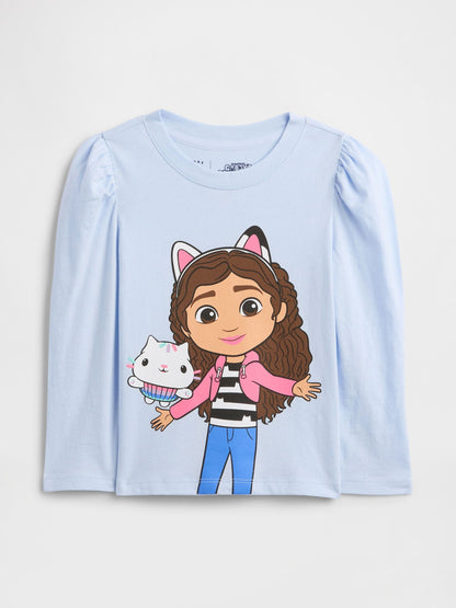 Açık Mavi Gabby's Dollhouse Puff Sleeve Grafik Baskılı T-shirt