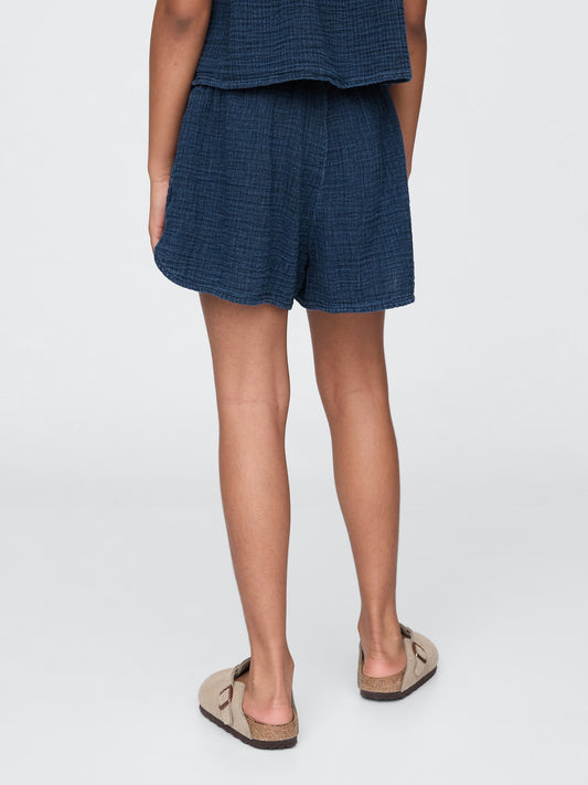 Lacivert Crinkle Gauze Denim Şort