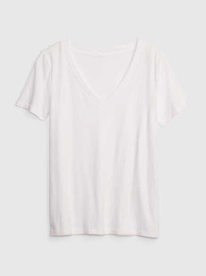 Beyaz Organik Pamuk Vintage V Yaka T-shirt