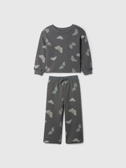 Gri Desenli Fleece Sweatshirt Set
