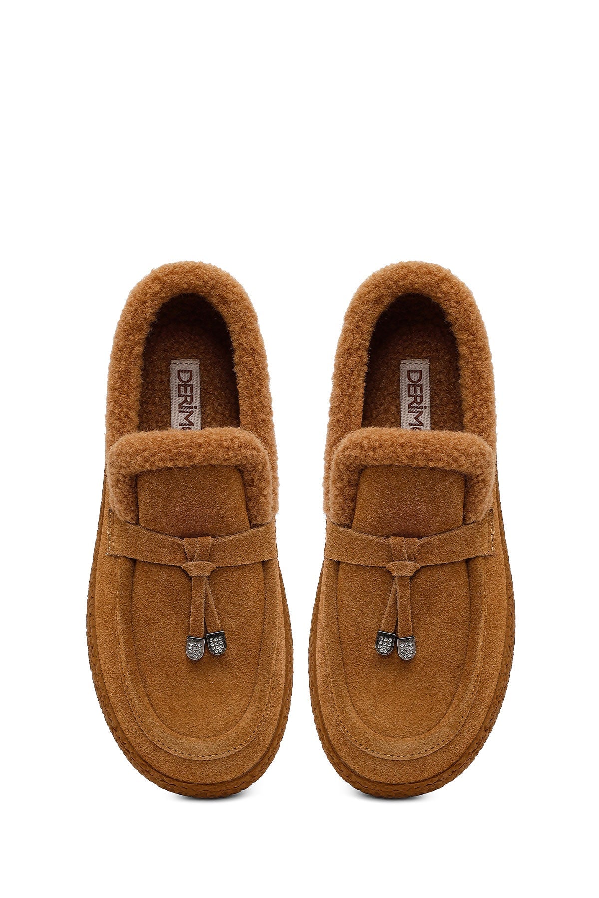 Kadın Camel Tokalı Kalın Tabanlı Süet Deri Teddy Loafer