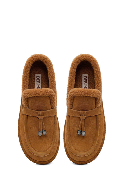 Kadın Camel Tokalı Kalın Tabanlı Süet Deri Teddy Loafer