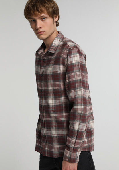 Regular Fit Shirt Neck Ekoseli Erkek Bordo Uzun Kol Gömlek