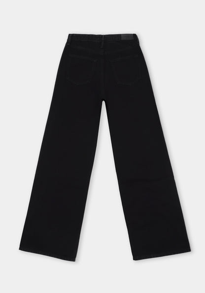 Regular Fit Yüksel Bel Geniş Paça Cepli Kadın Black Black Denim Jean Pantolon