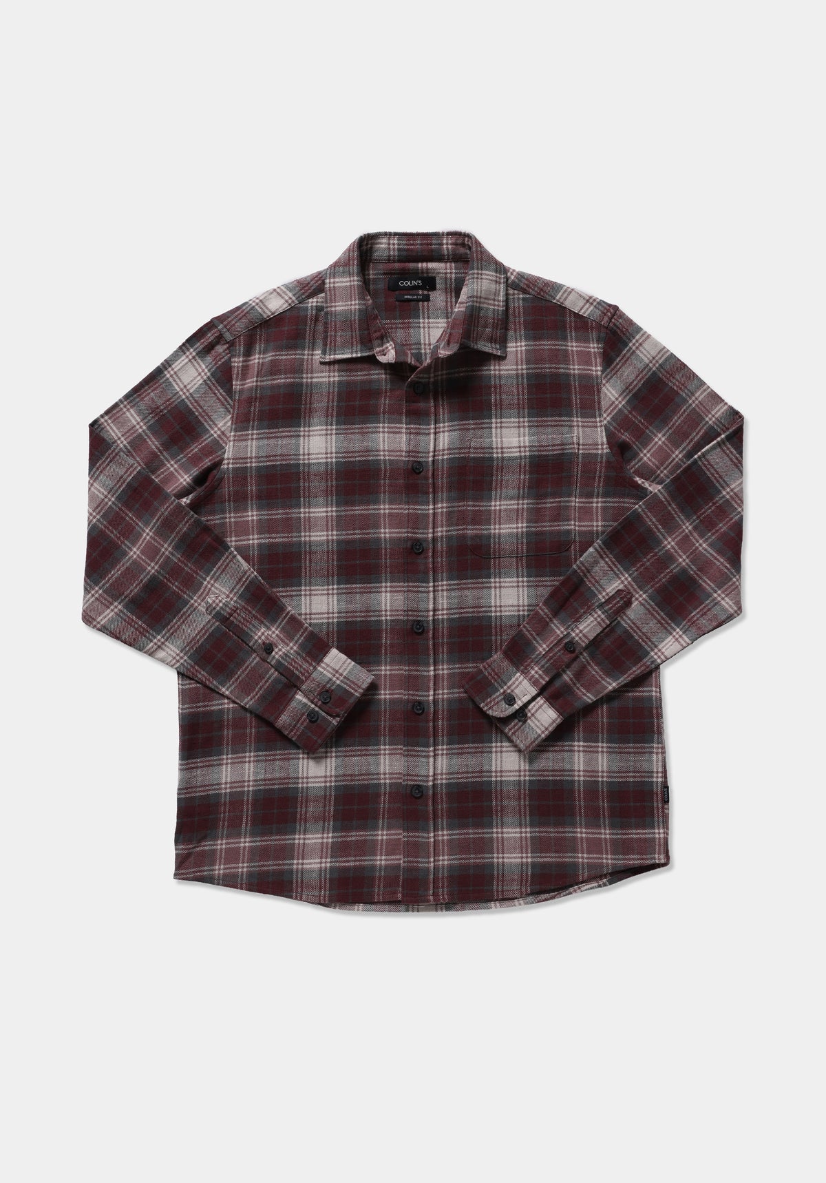 Regular Fit Shirt Neck Ekoseli Erkek Bordo Uzun Kol Gömlek