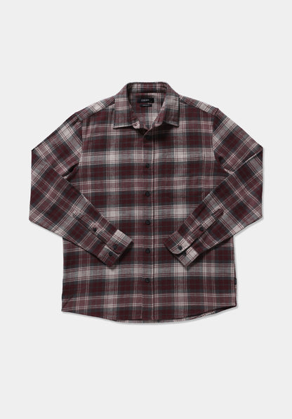 Regular Fit Shirt Neck Ekoseli Erkek Bordo Uzun Kol Gömlek
