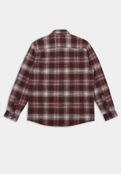 Regular Fit Shirt Neck Ekoseli Erkek Bordo Uzun Kol Gömlek
