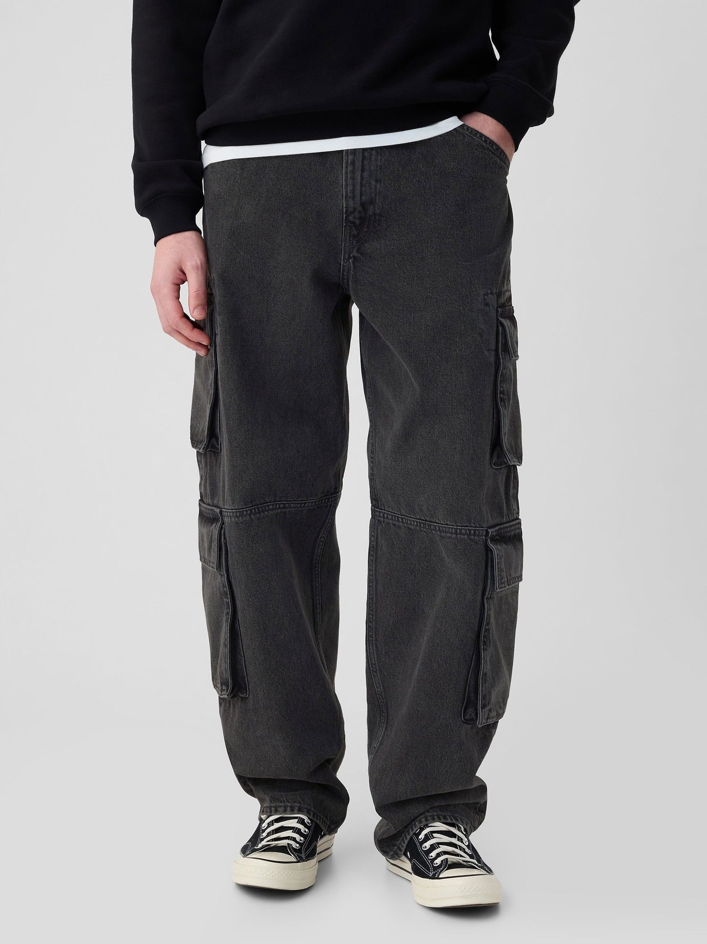 Siyah Double Kargo Baggy Jean Pantolon