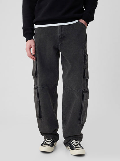 Siyah Double Kargo Baggy Jean Pantolon