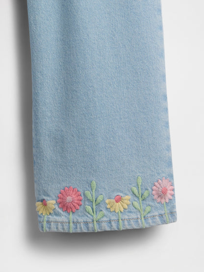 Açık Mavi Işlemeli Wide-leg Jean Pantolon