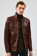 Wade Erkek Kahverengi Slim-fit Deri Ceket