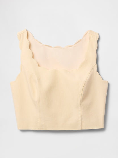 Bej Keten Karışımlı Crop Askılı Bluz