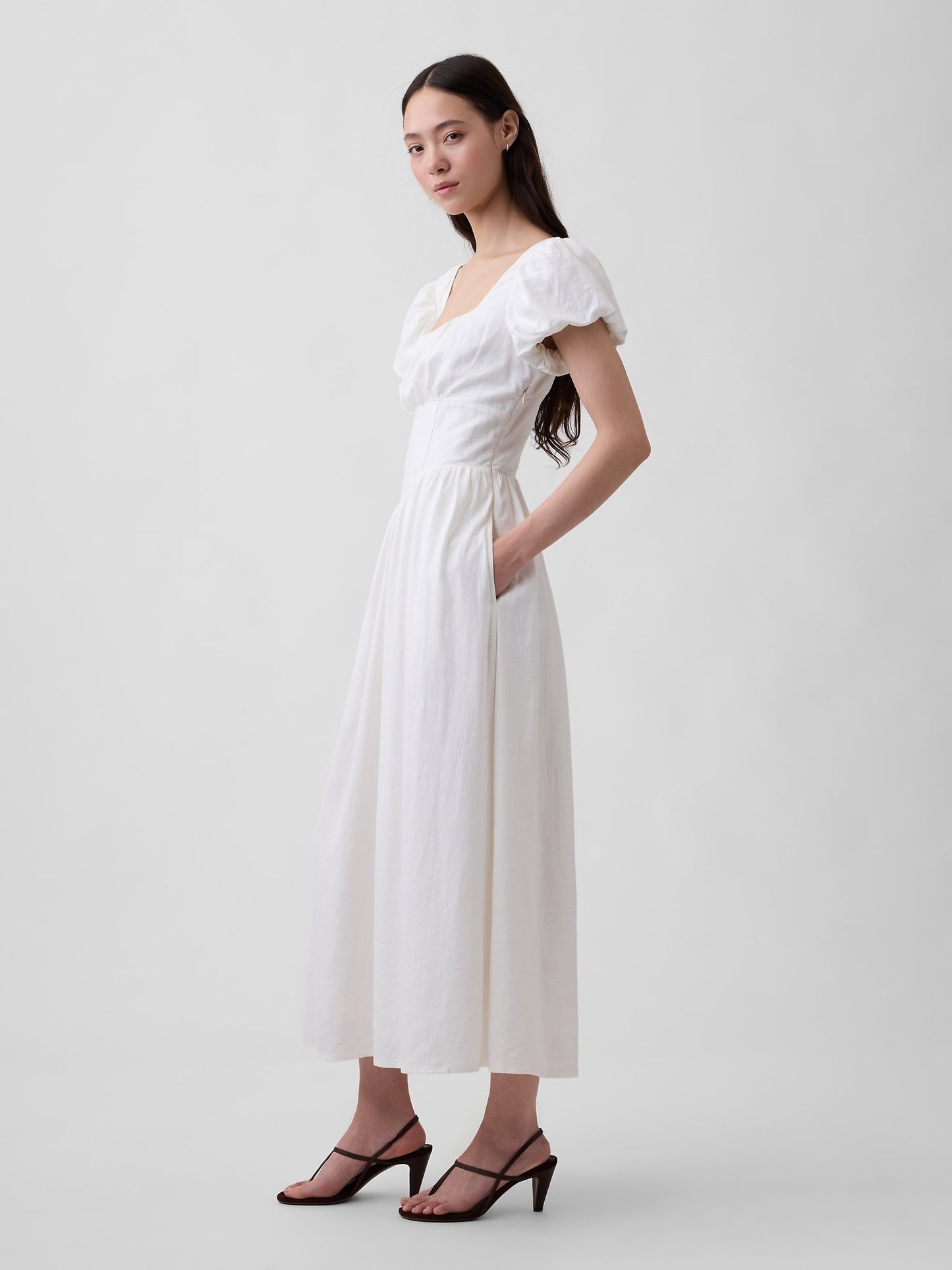 Beyaz Keten Karışımı Drop-waist Maxi Elbise