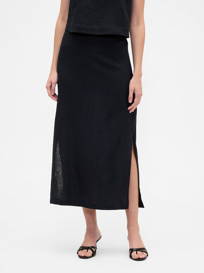 Siyah Keten Karışımı Maxi Slip Etek
