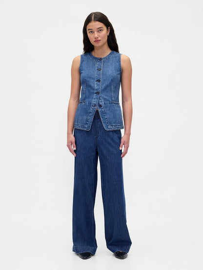 Koyu Mavi Mid Rise Ultrasoft Pileli Baggy Jean Pantolon