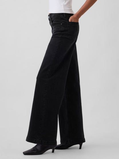 Siyah High Rise Stride Wide-leg Jean Pantolon