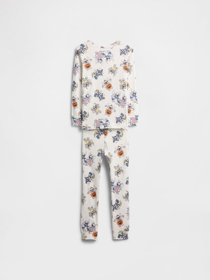 Beyaz %100 Organik Pamuk Stitch Grafik Baskılı Pijama Takımı