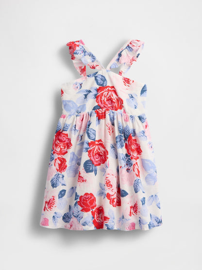 Çok Renkli Keten Karışımlı Desenli Elbise