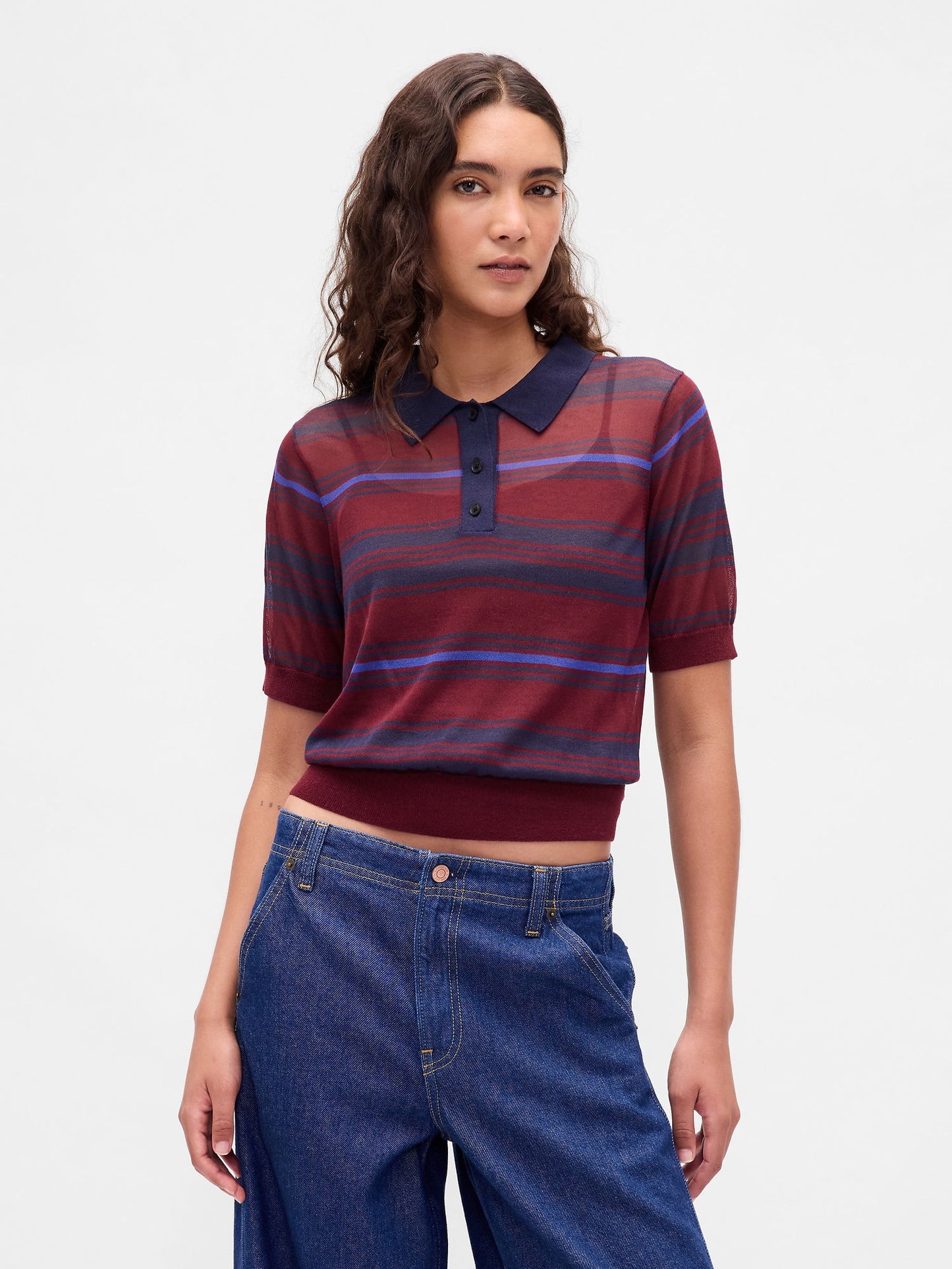 Kırmızı Transparan Crop Polo Kazak