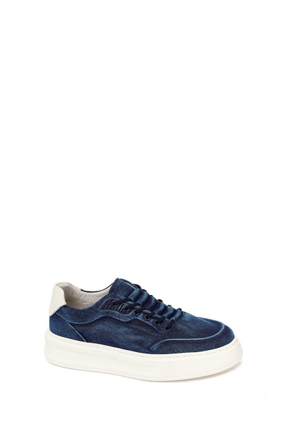 Erkek Lacivert Bağcıklı Kalın Tabanlı Kumaş Sneaker