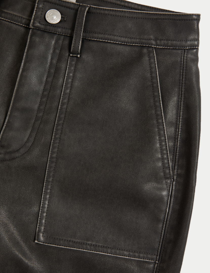 Deri Görünümlü Wide Leg Pantolon