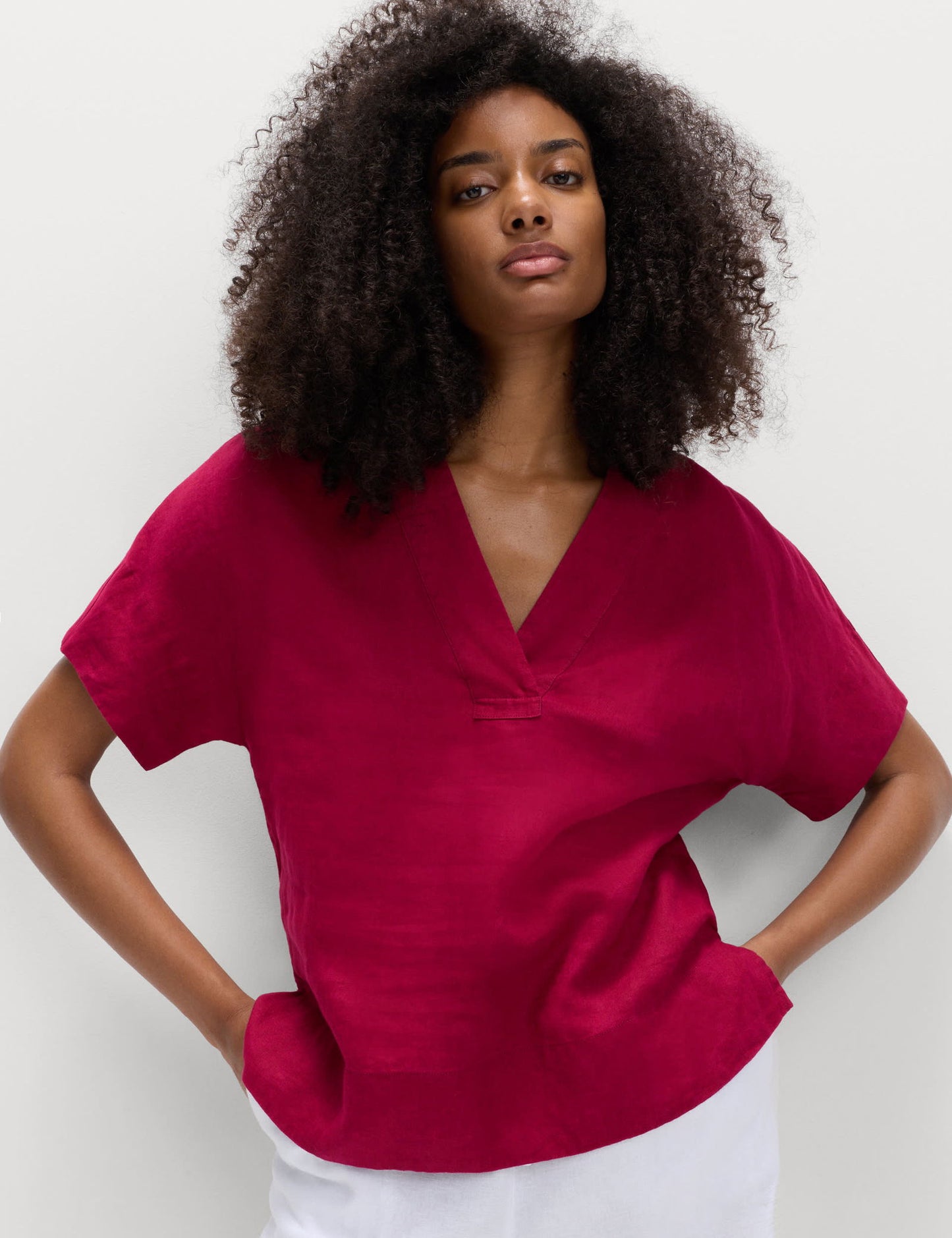 %100 Keten V Yaka Popover Bluz