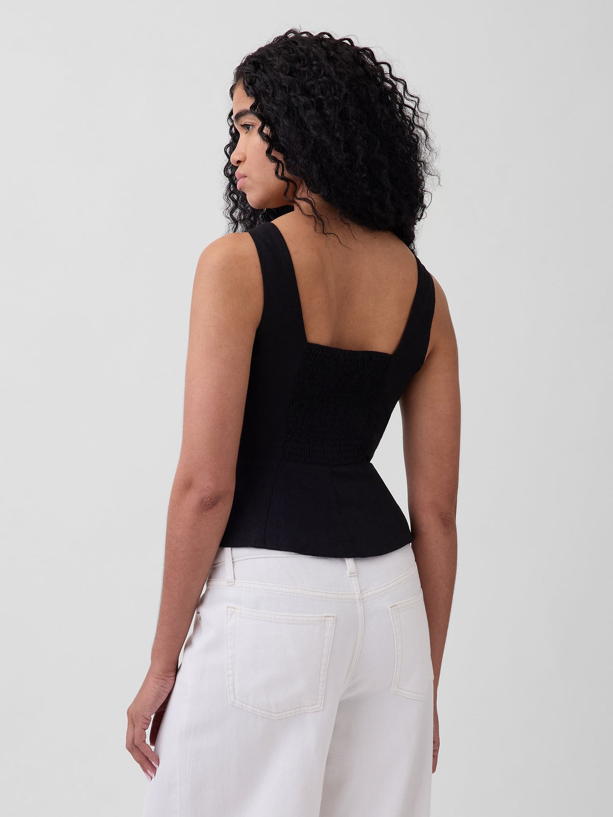 Siyah Keten Karışımlı Peplum Bluz