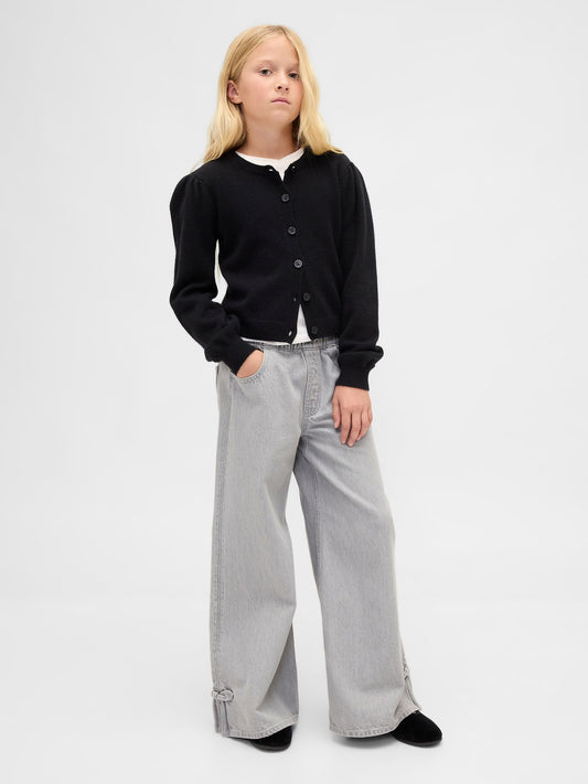 Gri Kids Düşük Bel Fiyonk Yırtmaçlı Baggy Jean Pantolon