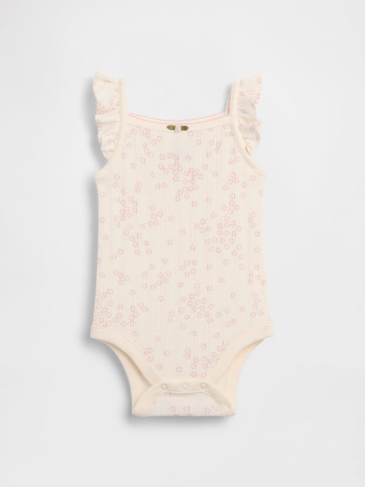 Krem Pointelle Fitilli Çiçekli Askılı Bodysuit