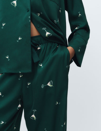 Saten Kokteyl Desenli Pijama Takımı