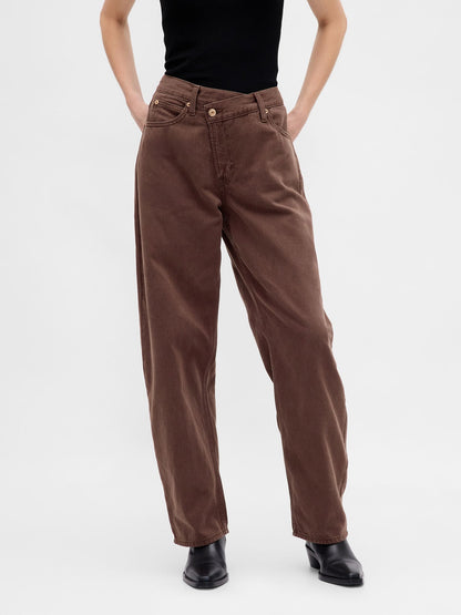 Kahverengi High Rise Ultrasoft Crossover Barrel Jean Pantolon