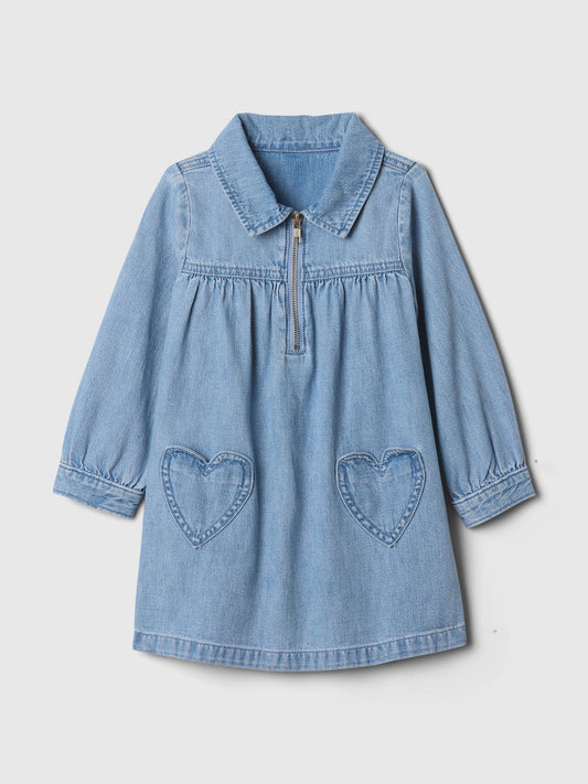 Mavi Kalp İşlemeli Denim Elbise