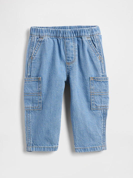 Açık Mavi Pull-on Barrel Kargo Jean Pantolon