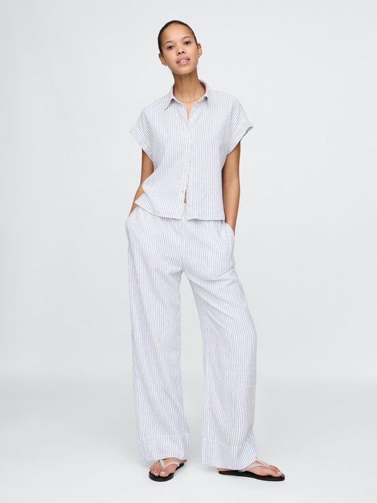 Açık Mavi Keten Karışımı Easy Wide Leg Pantolon