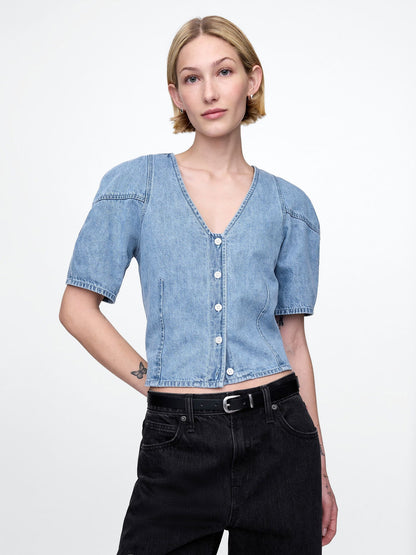 Mavi Kabarık Kol Denim Crop Bluz