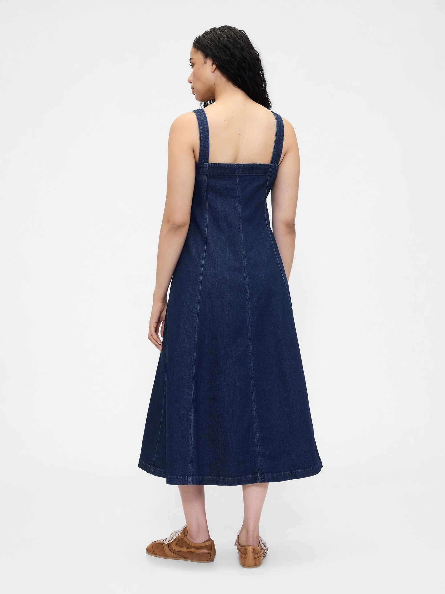Lacivert Denim Kare Yaka Maxi Elbise