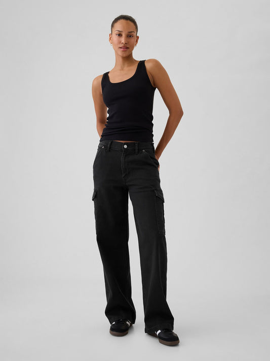 Siyah Mid Rise '90s Loose Kargo Jean Pantolon