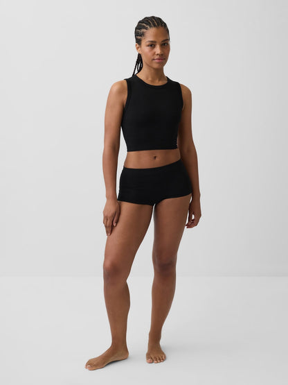 Siyah Fitilli Seamless Crop Kolsuz Üst