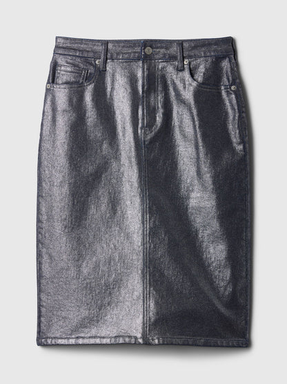 Mavi Denim Parlak Midi Etek